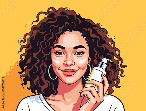 Happy female showing facial moisturizer bottle in vector portrait