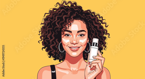 Smiling woman holding a skincare pump bottle vector illustration
