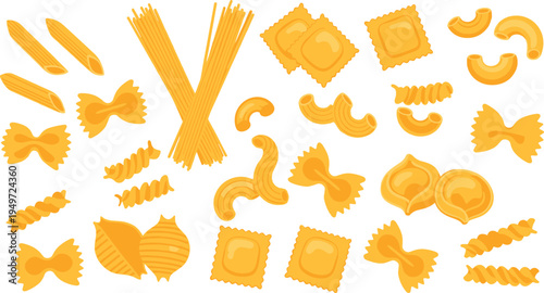 Italian pasta collection illustration, spaghetti penne fusilli macaroni ravioli shapes set, traditional pasta food ingredients vector isolated design
