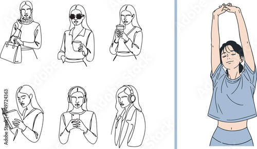 A minimalist vector set of a woman in thin line art lifestyle poses, including shopping, reading, and listening to music, paired with a colored illustration of her stretching and waking up.