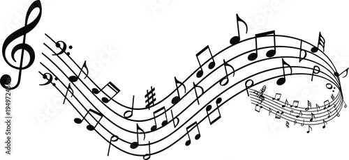 Flowing music notes staff illustration, treble clef melody wave, musical notation symbol design, classical music concept vector isolated