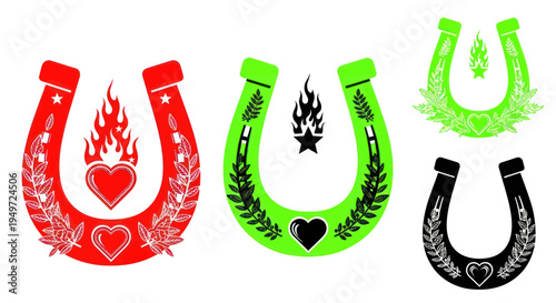 Lucky Horseshoe Designs with Hearts and Flames - Good Luck Symbol