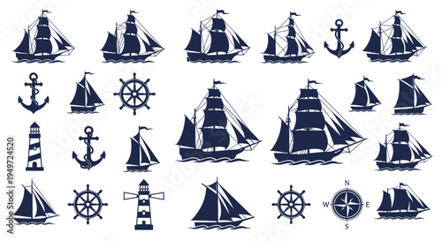 Nautical Icons: Silhouette Set of Ships, Anchors, Lighthouses, and Compasses