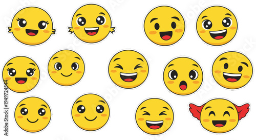 Set of cute yellow cartoon emoji faces with different emotions and expressions