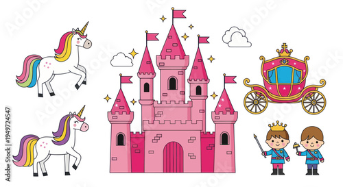 Pink Castle, Unicorns, Carriage, Prince and Princess Vector Illustration for Kids