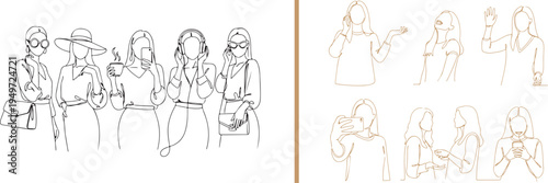 A minimalist vector set of female silhouettes in thin line art, depicting various lifestyle activities such as traveling, drinking coffee, listening to music, and engaging in conversation.