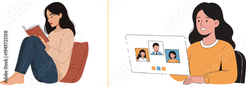 Flat vector illustrations of a woman reading a book on a pillow and engaging in a video conference on a laptop. Modern lifestyle graphics representing remote work, education, and relaxation.
