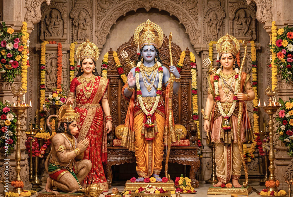 Fototapeta premium Ram Darbar idols in traditional Hindu temple for Ram Navami celebration