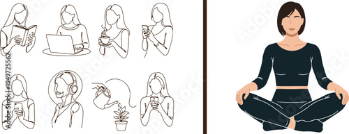 Vector set featuring a woman in various lifestyle activities: reading, working, drinking coffee, and listening to music in line art, plus a colored illustration of her practicing yoga meditation.