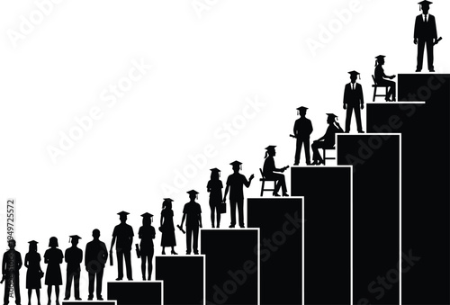 Silhouette sequence of academic progression on ascending steps, black and white vector illustration symbolizing education, achievement, career growth, and professional success concepts