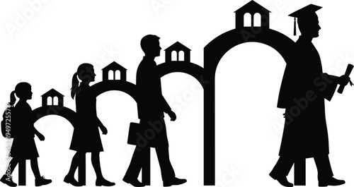 Silhouette sequence of education progression under archways, black and white vector illustration symbolizing learning, growth, achievement, and lifelong academic development concepts