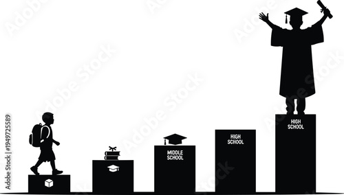 Silhouette sequence of educational progression on ascending blocks, black and white vector illustration symbolizing learning, achievement, growth, and academic success concepts
