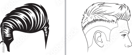 Vector illustration of a modern men's pompadour haircut with a fade, featuring a bold black silhouette on the left and a detailed thin line art profile view on the right.