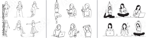 Minimalist vector set of women in various lifestyle poses: yoga, working on laptops, reading, and dancing. Clean black line art silhouettes depicting wellness, productivity, and daily activities.