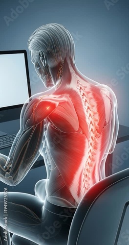 Human anatomy depicting back pain while working on computer