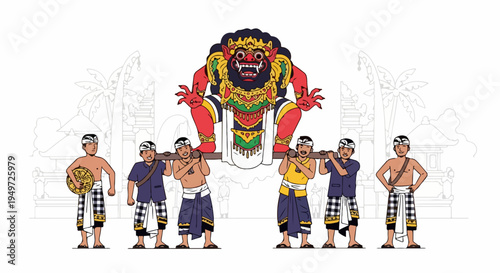 Illustration of Balinese men carrying a giant Ogoh-ogoh demon statue during a traditional parade in Bali, Indonesia.
