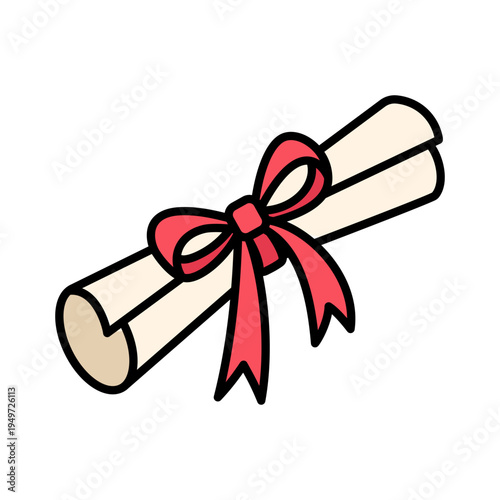 A folded graduate diploma with a red ribbon tied in a bow. Doodle style illustration. Hand drawn vector. Beautifully folded and ribbon-tied love letter
