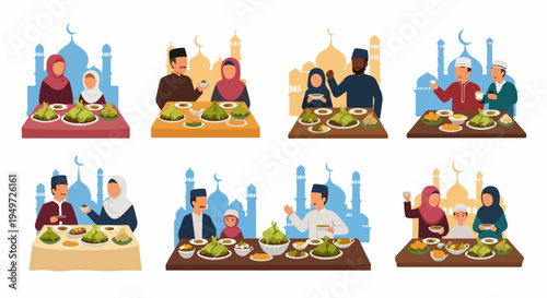 Set of flat illustrations showing Muslim families and friends enjoying Iftar meals together with traditional food and mosque silhouettes in the background.