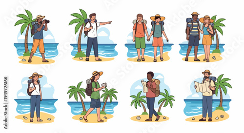 Diverse backpackers exploring a tropical beach paradise, featuring couples and solo travelers hiking, taking photos, and navigating with maps in a vibrant illustration.