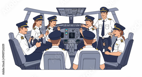Diverse Team of Professional Airline Pilots Gathering and Training Together Inside a Commercial Aircraft Cockpit Illustration