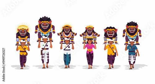 Balinese Men and Women in Traditional Attire Carrying Barong Masks for a Cultural Festival Procession, Flat Vector Illustration Isolated on White Background