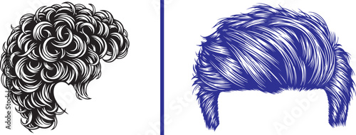 Detailed vector illustrations of two male hairstyles: a dense, curly black afro-textured cut and a modern, swept-back blue undercut. Clean line art ideal for barbershop and salon branding.