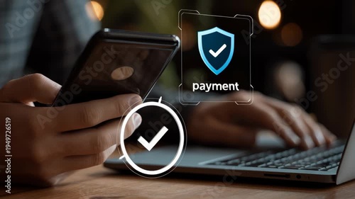 Person making online payment with smartphone and laptop in café  with security shield and checkmark icon 