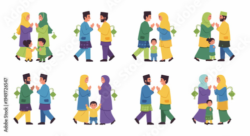 Muslim family greeting character set for Eid al-Fitr celebration with traditional malay attire and symbols