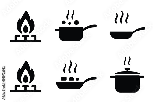 Boiling Pots and Pans on Gas Stove Black Vector Icon Collection
