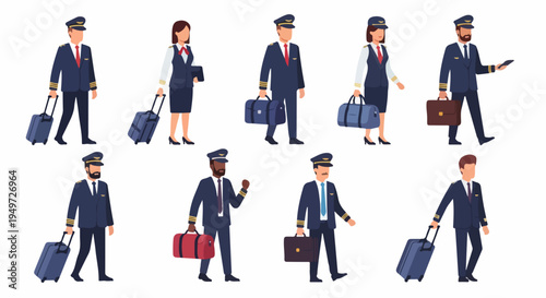 Vector set of diverse airline crew members including pilots and flight attendants in uniforms carrying luggage and suitcases isolated on white background.