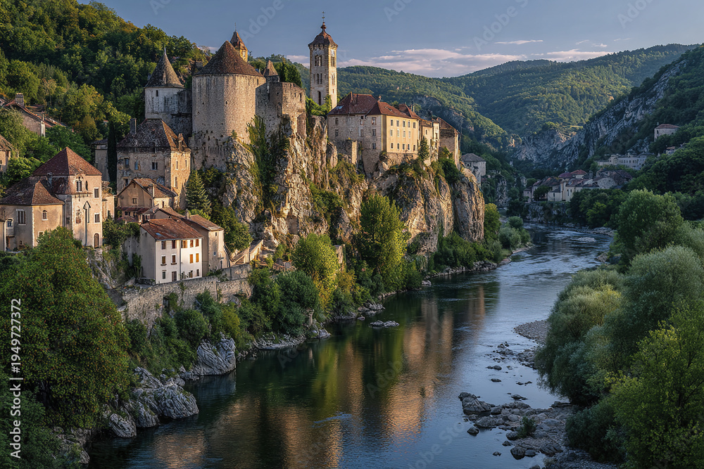 Fototapeta premium Medieval stone fortress and village perched on rocky cliffs beside calm river, surrounded by lush green forest and rolling hills under clear sky at sunset