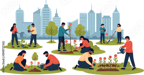 Urban Gardening with People Planting Flowers and Trees in City Park, Sustainable Green Space Illustration