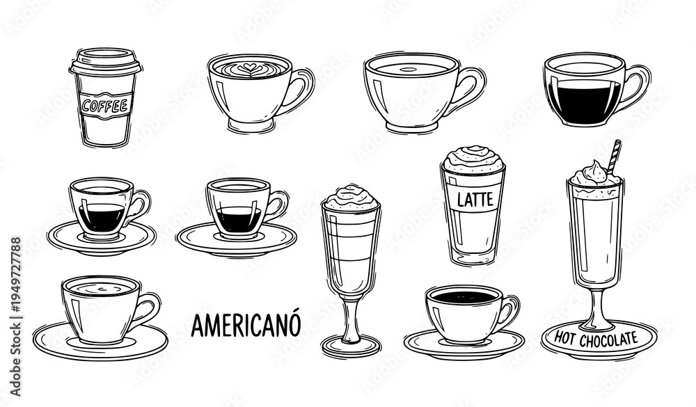 Obraz premium Hand drawn hot drinks coffee tea doodle vector set