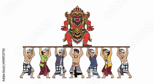 Illustration of Balinese People Carrying a Giant Ogoh-Ogoh Demon Statue for the Nyepi Parade and Saka New Year Celebration in Bali, Indonesia.