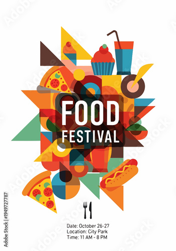 Food Festival collage with colorful geometric shapes and street foods