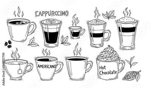 Hot beverage coffee tea doodle vector illustration set
