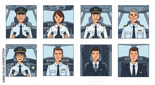 Collection of diverse airplane pilot and crew member avatars in cockpit settings vector illustration