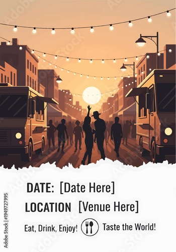 Food Truck Street Festival at Sunset with People