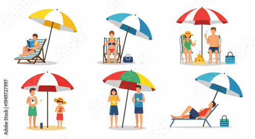 Set of flat vector illustrations of diverse people relaxing and enjoying summer activities on the beach under colorful sun umbrellas.