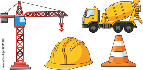 Construction equipment vector illustration set featuring tower crane, cement mixer truck, hard hat, and traffic cone, creative resource for building, safety, industry, and educational themes