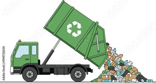 Green recycling truck unloading sorted waste materials like cardboard boxes plastic bottles and paper for sustainable processing and environmental conservation in flat vector style