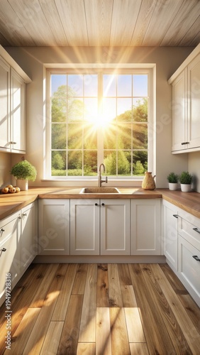 A photo of an empty wooden countertop in a bright kitchen with white cabinets and sunbeams streaming through the window
