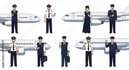 Collection of professional airline pilot illustrations in uniform standing in front of airplanes, featuring male and female pilots with various poses.