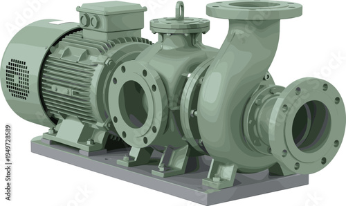 ndustrial centrifugal pump assembly with electric motor and coupling mounted on base plate, featuring flanged inlet and outlet ports for fluid transport applications.