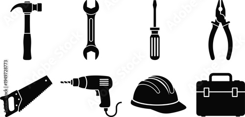 Professional black silhouette vector icon set featuring essential construction hand tools including hammer, wrench, screwdriver, pliers, saw, power drill, safety helmet, and toolbox.