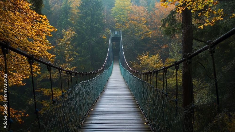 Fototapeta premium Suspended pedestrian bridge amid lush forest in germany, scenic hiking trail landscape