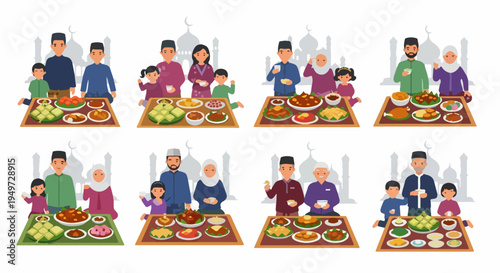A set of illustrations featuring various Muslim families enjoying a festive meal together during Ramadan or Eid al-Fitr with a mosque background.