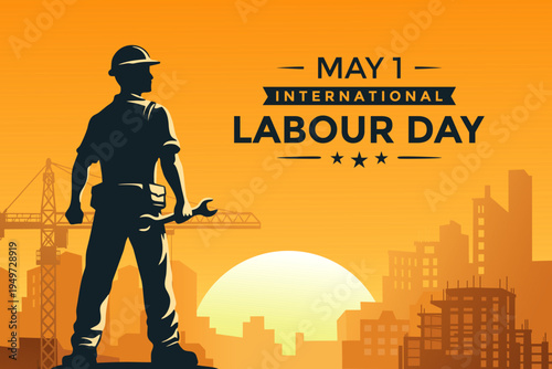 Labour Day Banner. Happy International Labour Day Background with construction worker silhouette in front of city buildings. Modern flat design banner for May Day workers celebration.