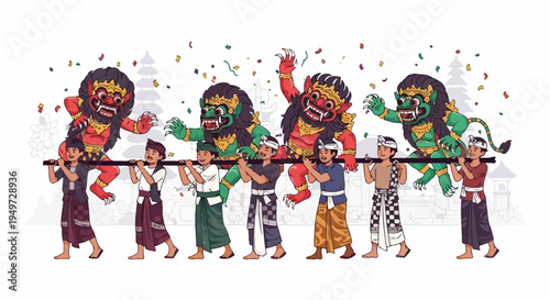 Illustration of the Balinese Ogoh-ogoh parade during the Nyepi Eve celebration featuring traditional monster effigies carried by men.