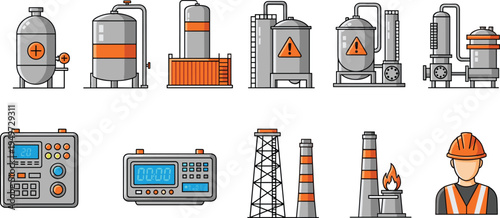 Industrial oil refinery vector icon set featuring flat gas storage tanks factory chimney smoke stack engineer avatar control panel and chemical plant equipment.